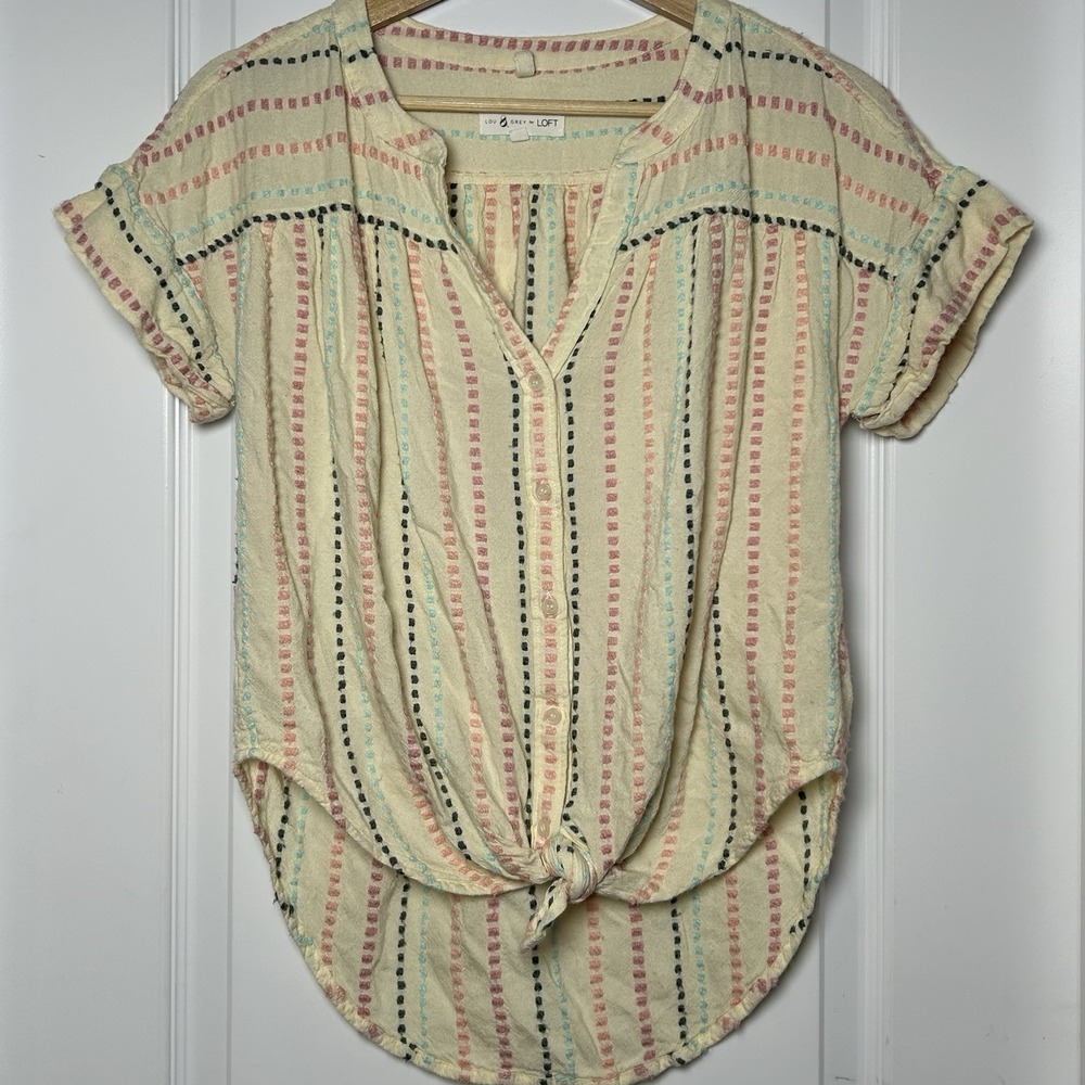 Lou & Grey for LOFT Cream Embroidered Multicolor Stripe Tie Front Dolman Top